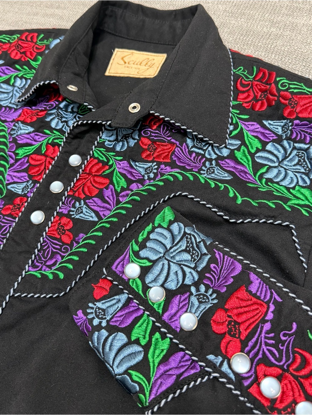 Scully Black Floral Embroidered Western Pearl Snap Western Cowboy Shirt